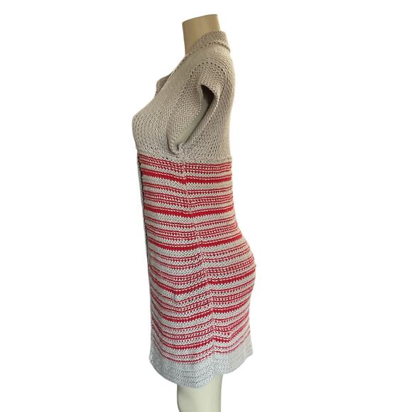 Free People Long Knit Sweater Vest Cardigan – Button Front Red Beige Striped S - Picture 3 of 7
